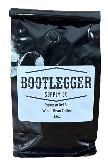 Coffee bag from Bootlegger Supply Co with a white label on a black background